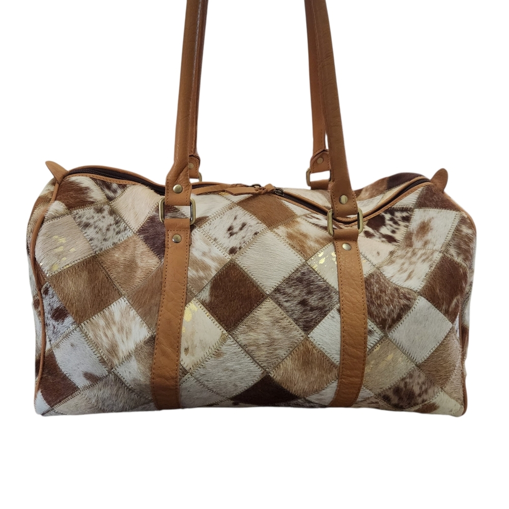 Boho Ranch Luxe Brown Patchwork Cowhide Weekender… - image 2